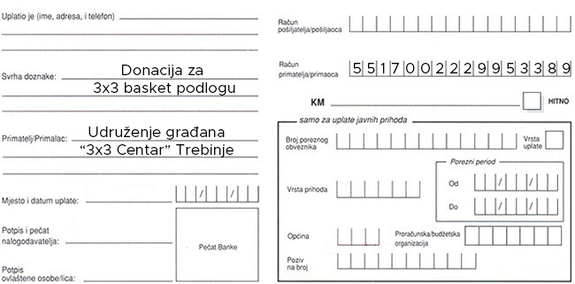 Primjer KM uplatnice za donaciju za 3x3 basket podlogu